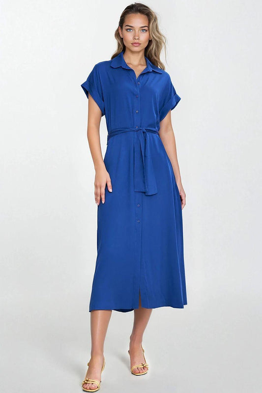 Nife daydress in royal blue, short-sleeve buttoned style with waist tie, midi length