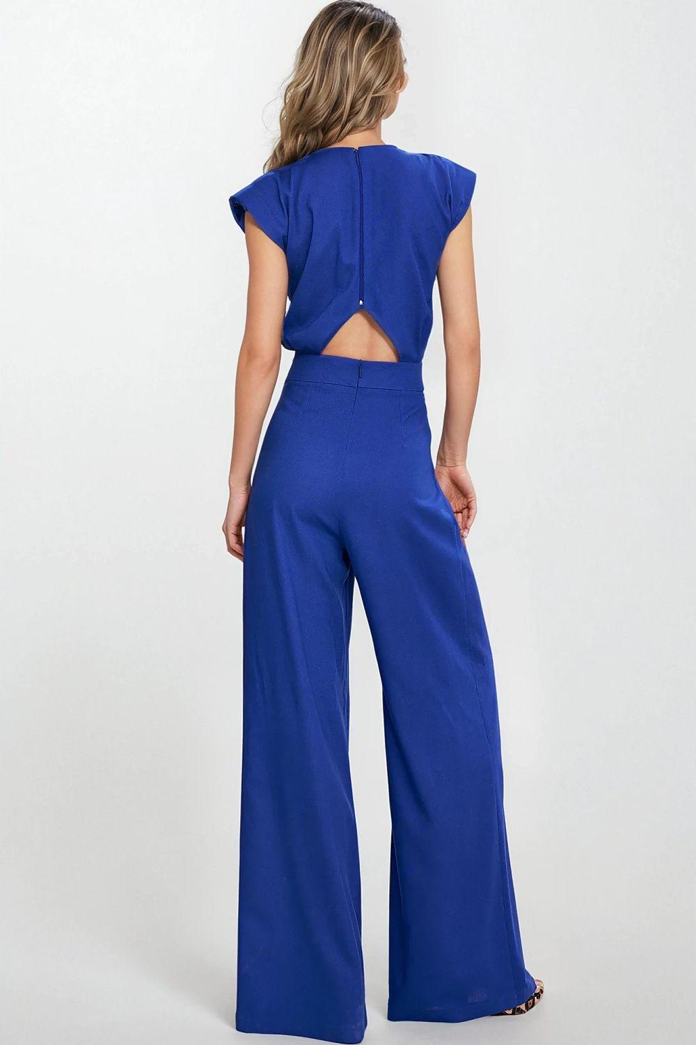 Blue jumpsuit with open back keyhole, cap sleeves, wide-leg palazzo trousers