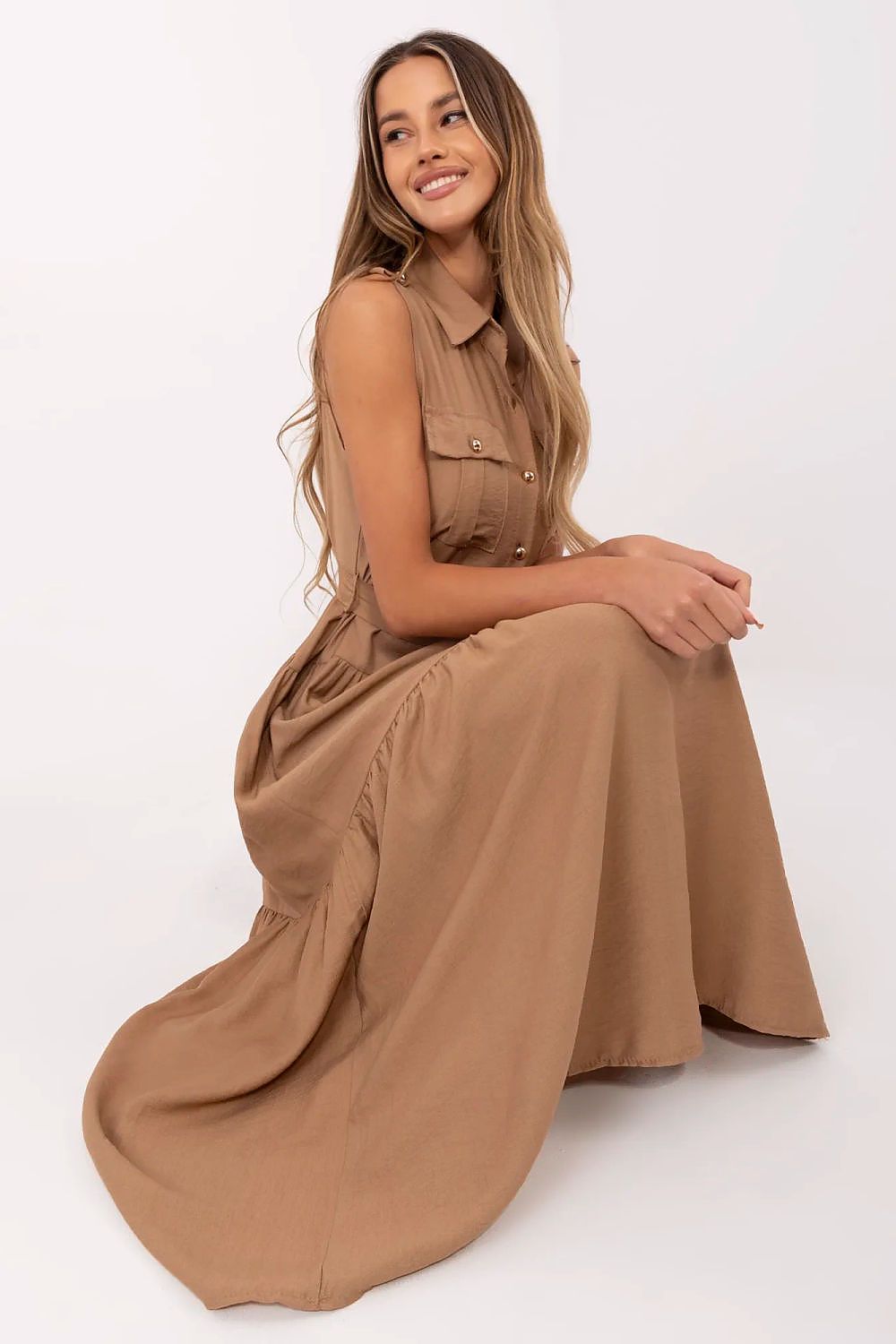Brown sleeveless maxi daydress with tie waist and tiered skirt