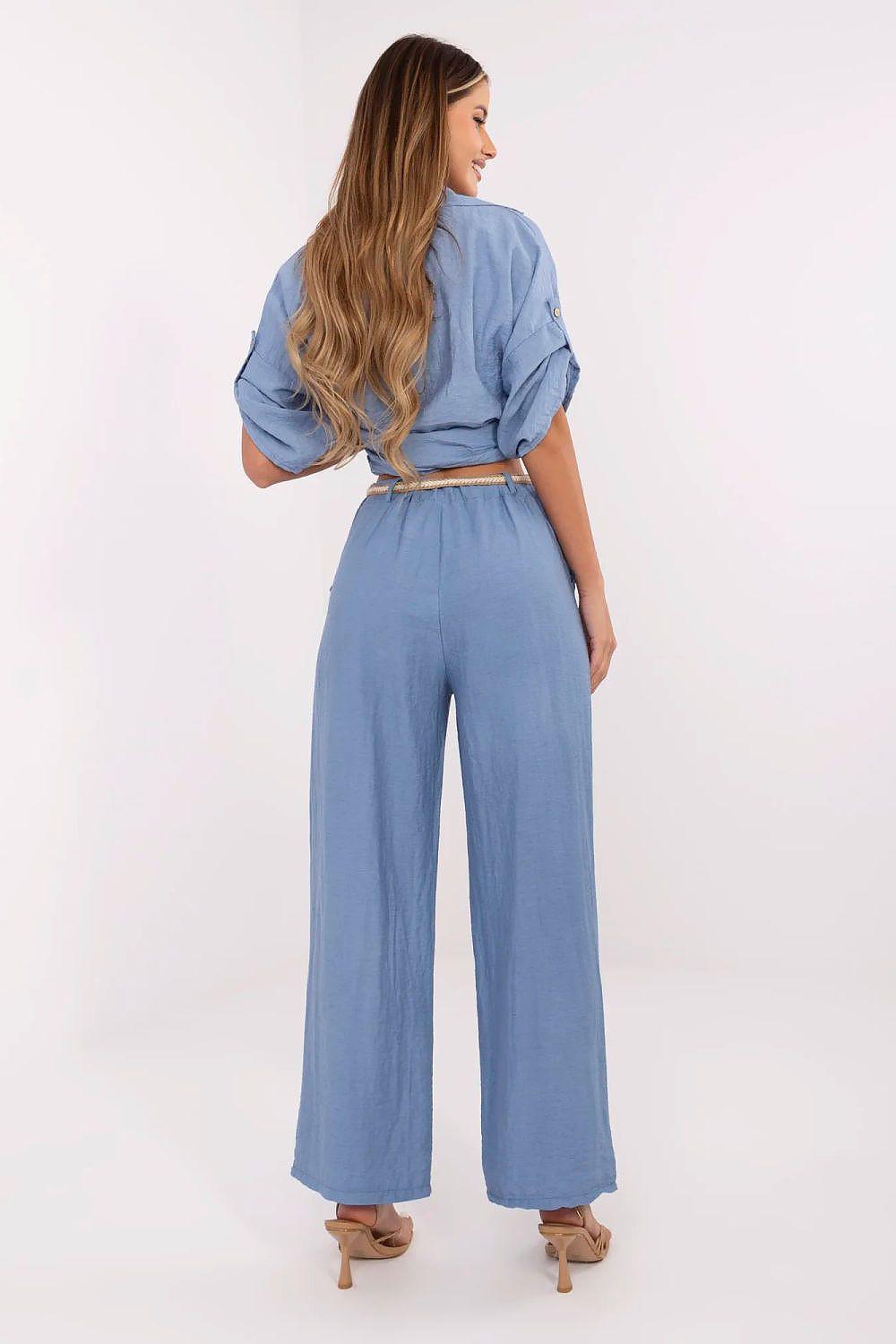 Women trousers model 214058 Italy Moda, light blue wide-leg pants with tied waist