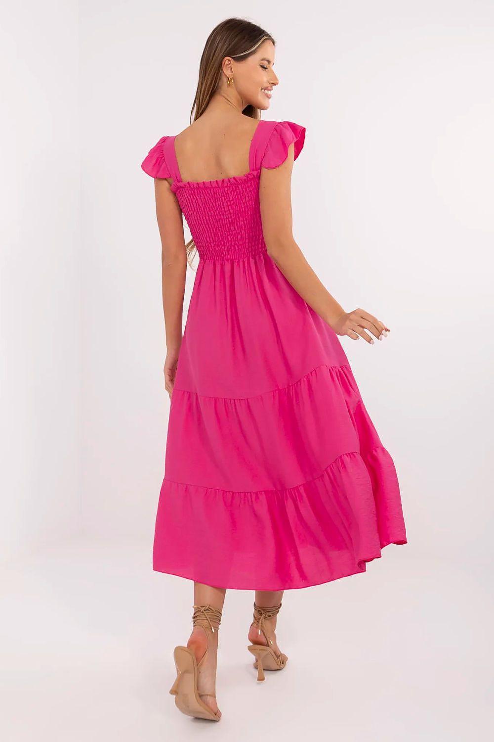 Pink tiered midi daydress seen from back, square neckline, ruffled puff sleeves