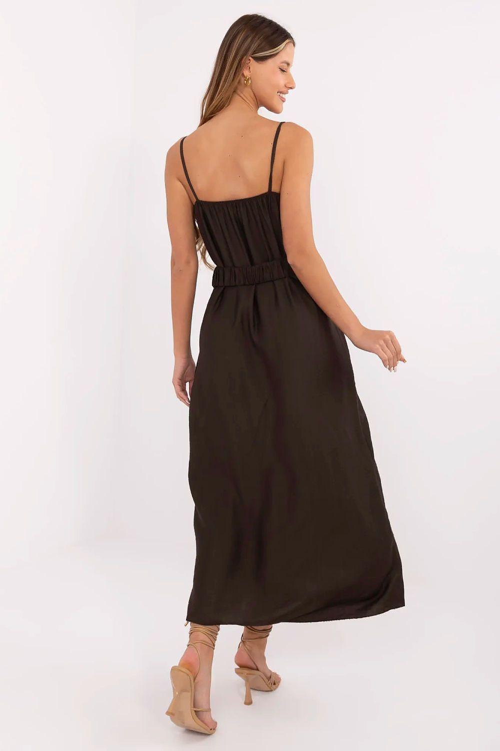 Black maxi daydress with open back and tie at halter neckline