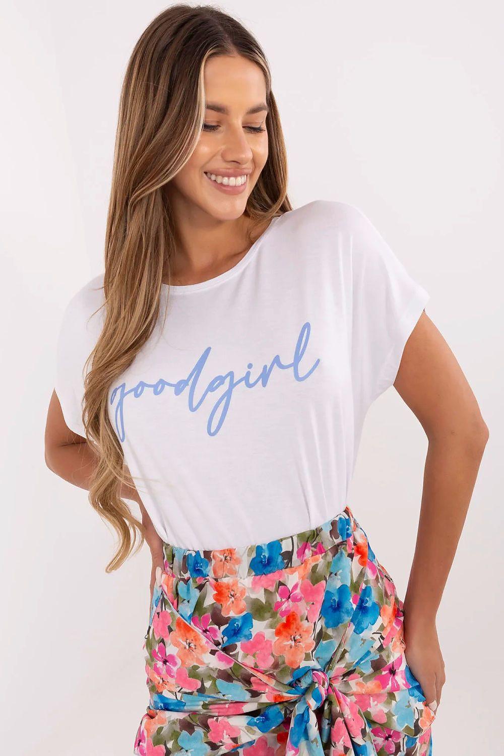 White T-shirt with blue script logo print, crew neck short sleeves, front view