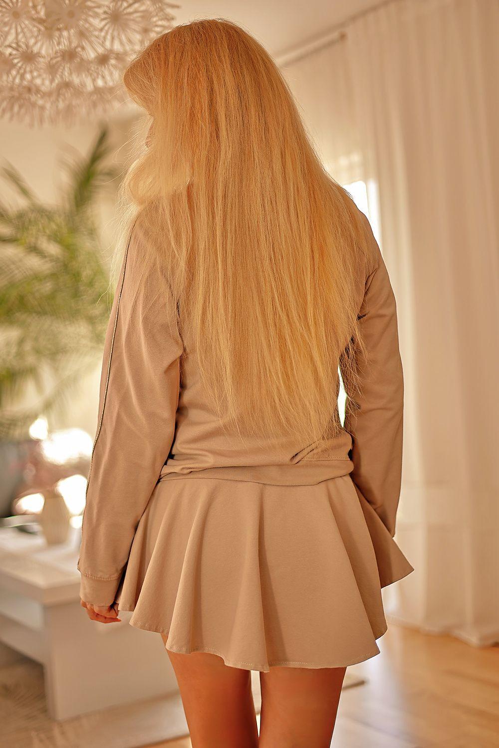 Beige skort with wrap belt and flared back hem