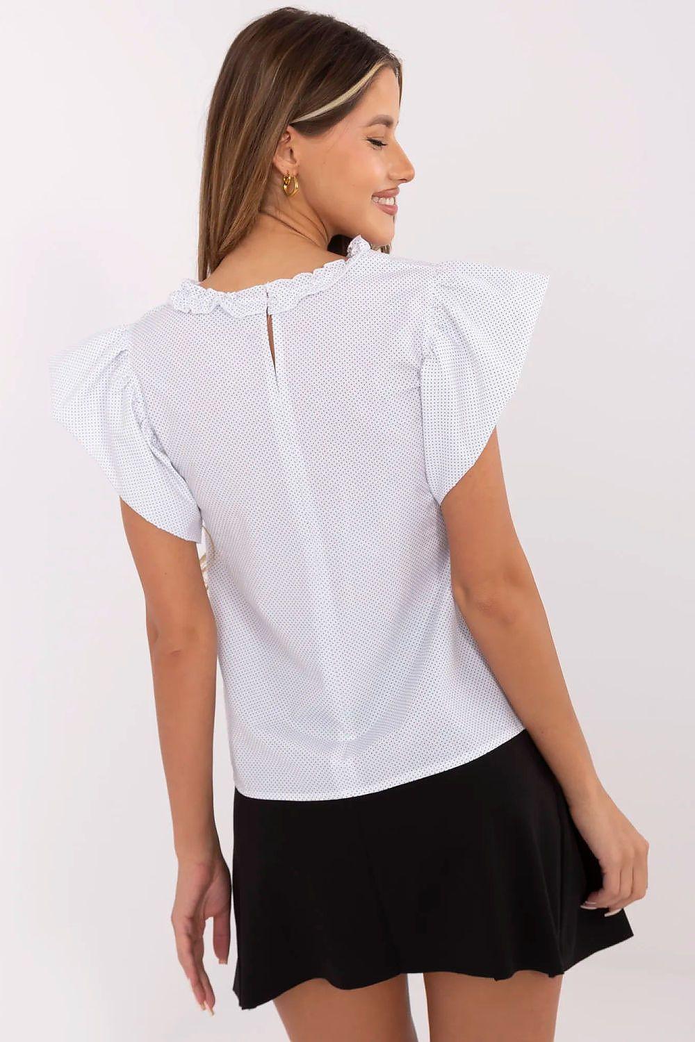 White textured blouse with ruffled neckline and flutter sleeves, back yoke seam