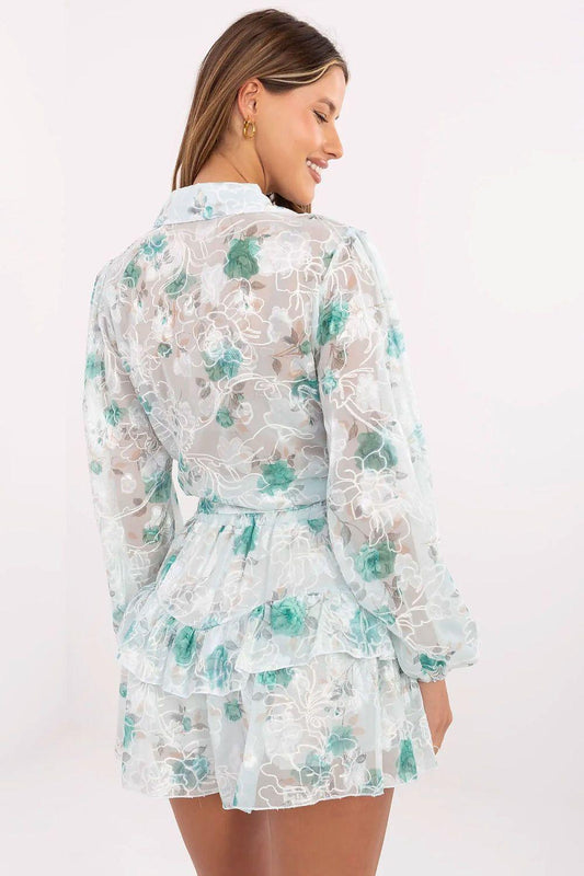 Floral embroidered sheer mini dress set, back view with tie waist and long sleeves