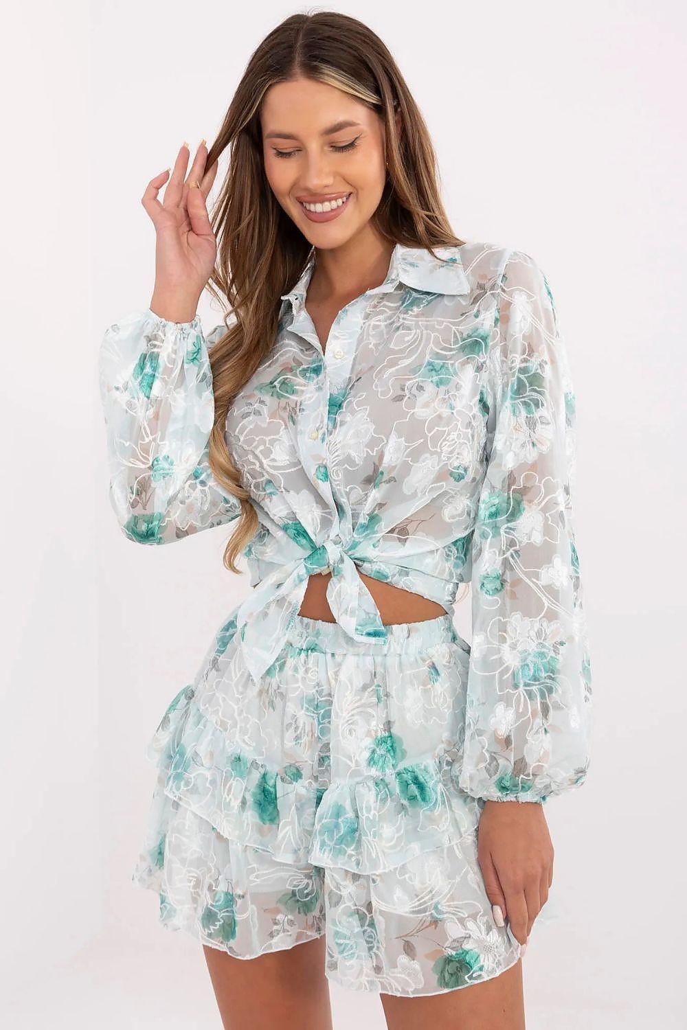 Floral embroidered sheer mini skirt set with tie-front blouse, long sleeves and layered ruffles