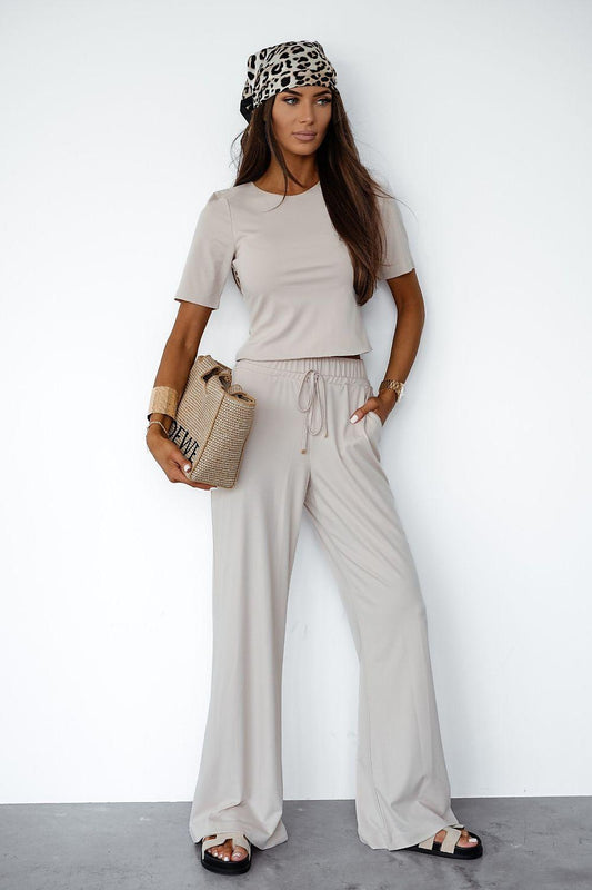 Beige short-sleeve top and wide-leg pants set with drawstring waist