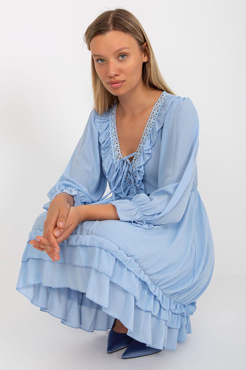 Blue day dress by Och Bella, lace-trim V neckline, layered ruffle skirt