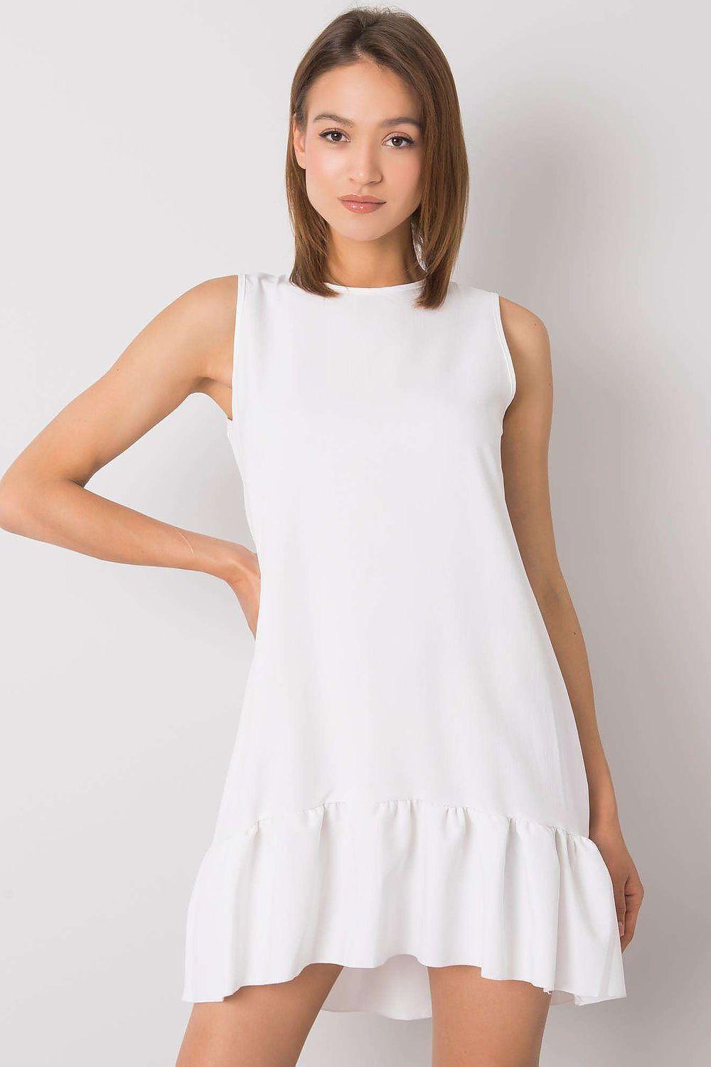 White sleeveless day dress with gathered waist and tiered ruffle hem