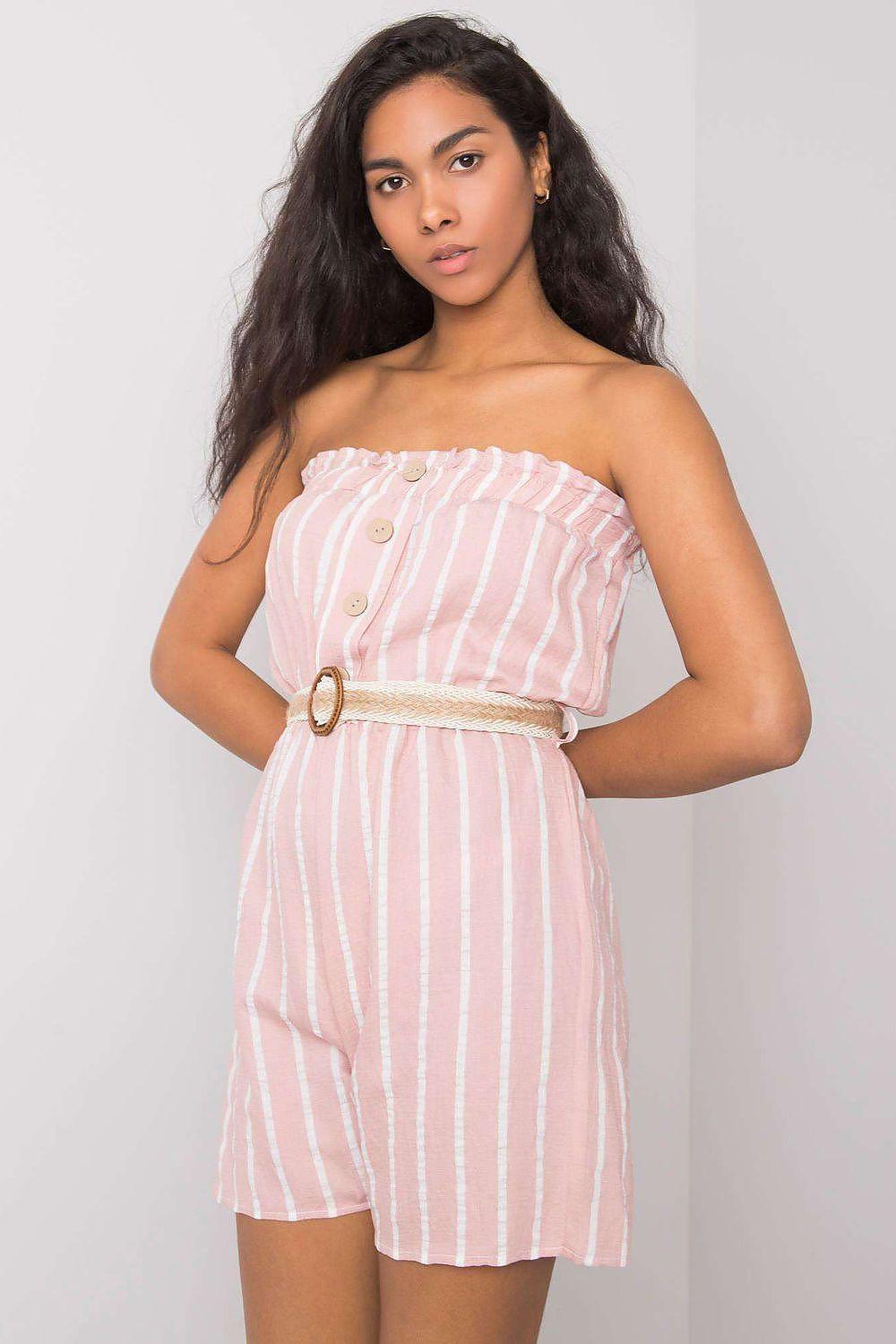 Rue Paris strapless romper, pink and white vertical stripes, button front and waist belt