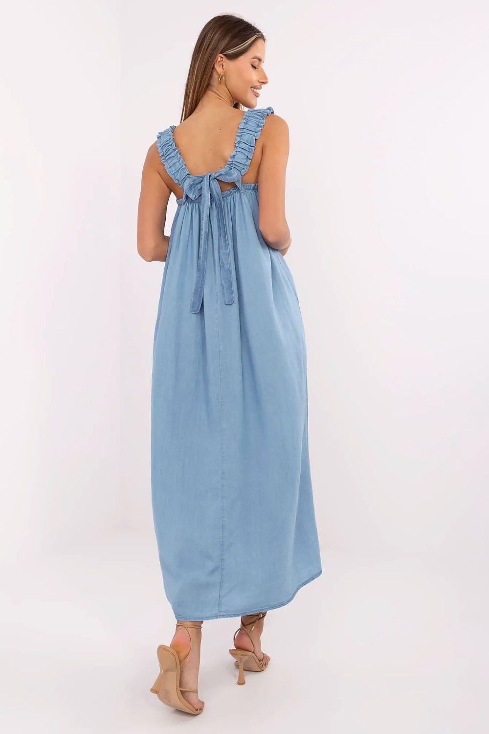 Light blue daydress with ruched ruffle straps, open back, and flowy maxi length