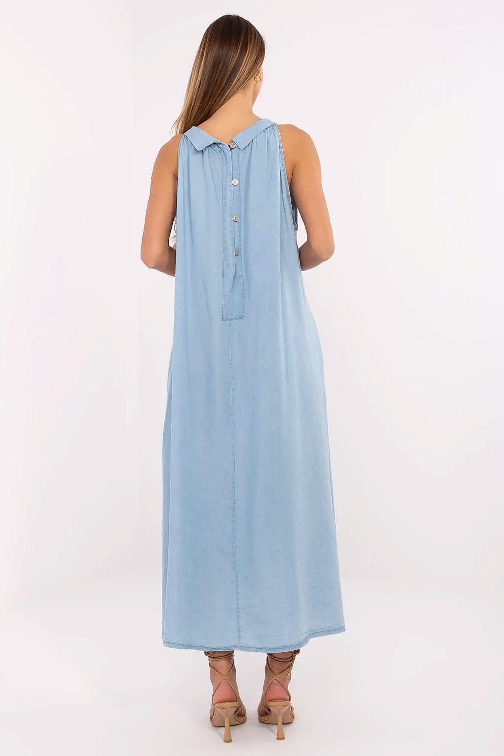 Blue maxi daydress in back view with bow tie at collar and button details