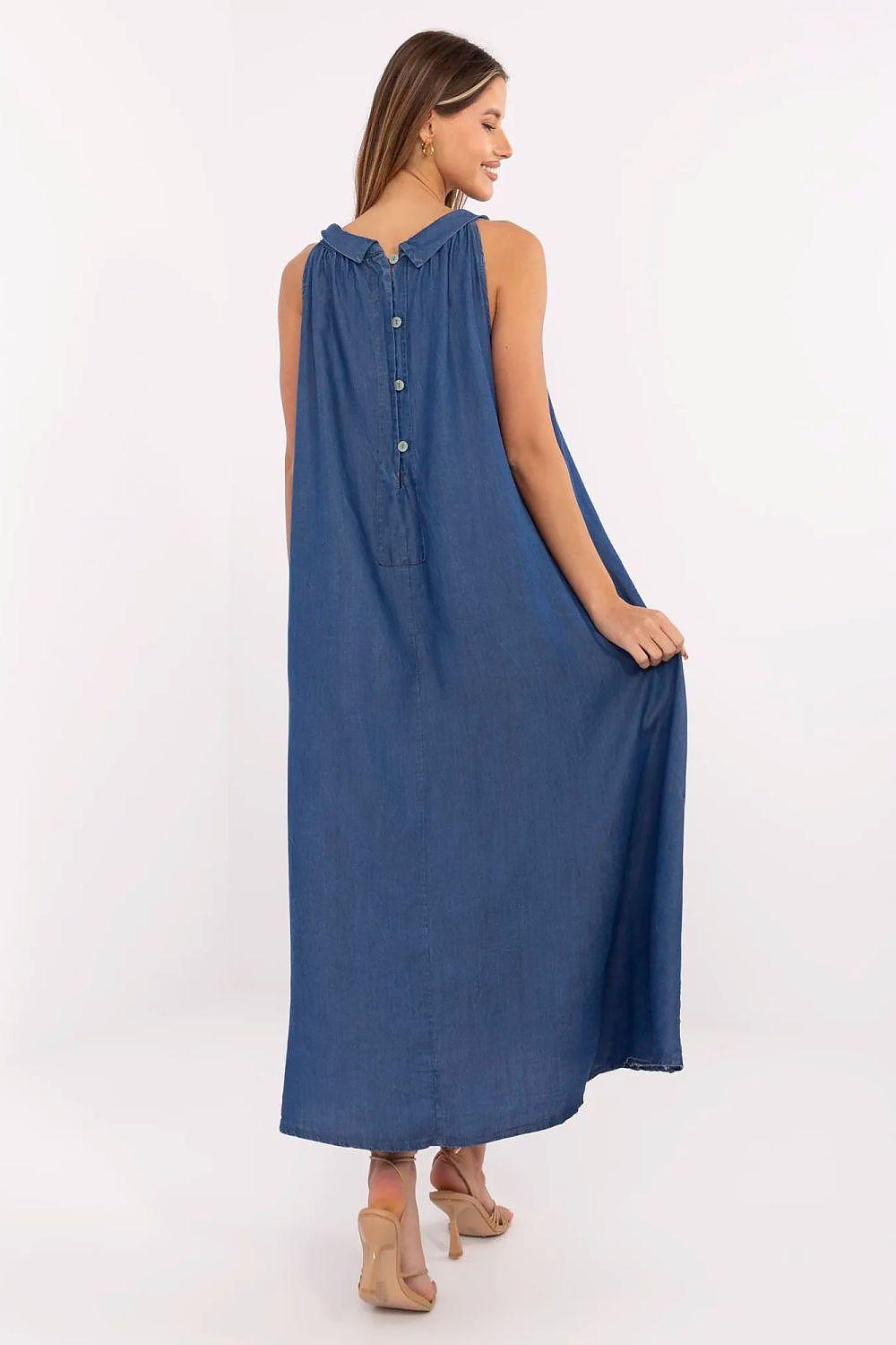 Dark blue sleeveless daydress with buttoned back yoke and long flared skirt