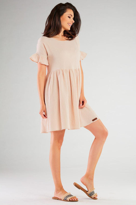 Beige cotton flare daydress with ruffled short sleeves and tiered skirt