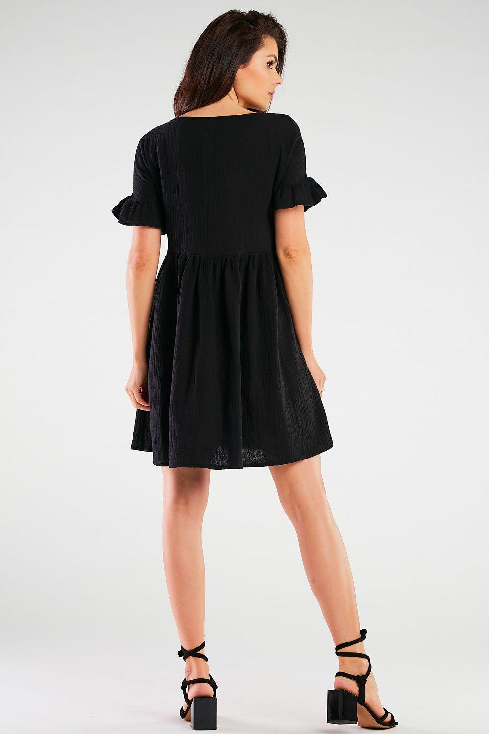 Black daydress with gathered back and short flared sleeves