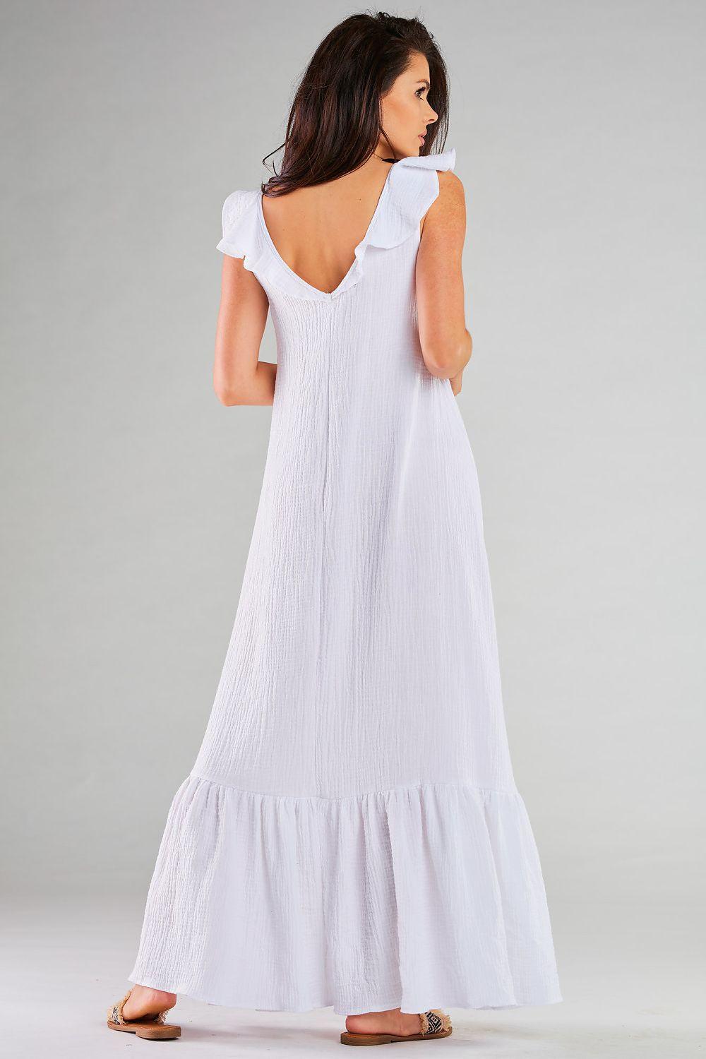 White sleeveless daydress with scoop open back and tiered ruffle hem
