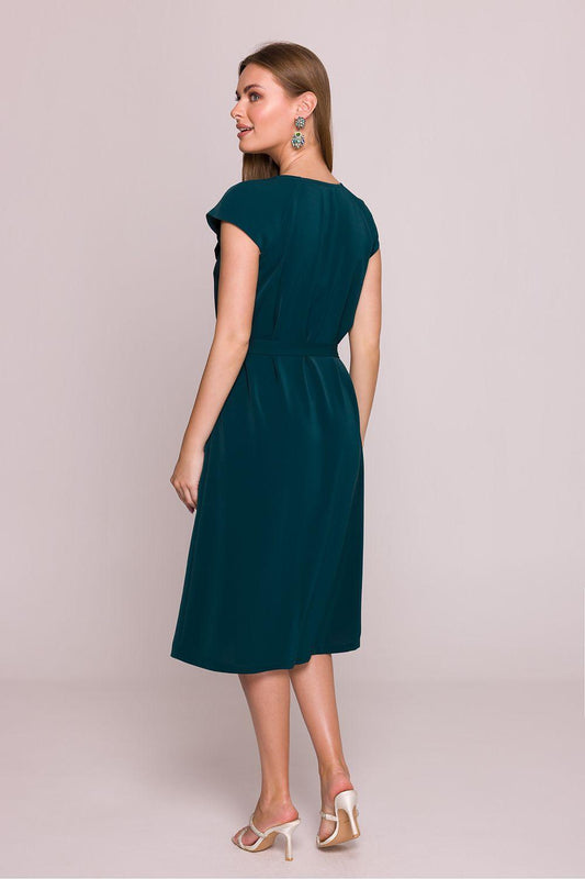 Teal cocktail dress with waist tie, short sleeves, midi length, back view.