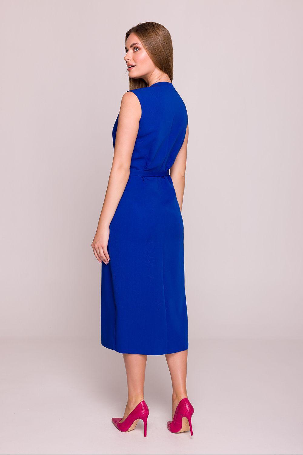 Blue sleeveless V-neck midi daydress with waist tie, back view