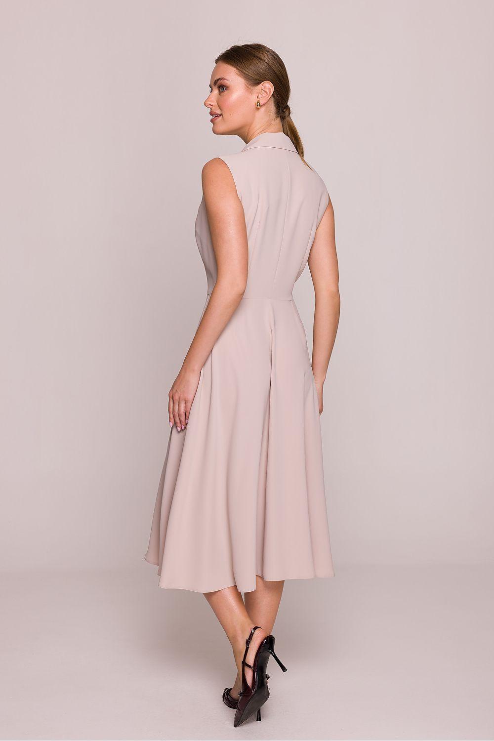 Cocktail dress in beige, sleeveless back, fitted waist seam, midi length, flared skirt