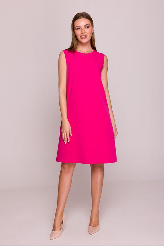 Bright pink sleeveless day dress with crew neckline, above-knee length.
