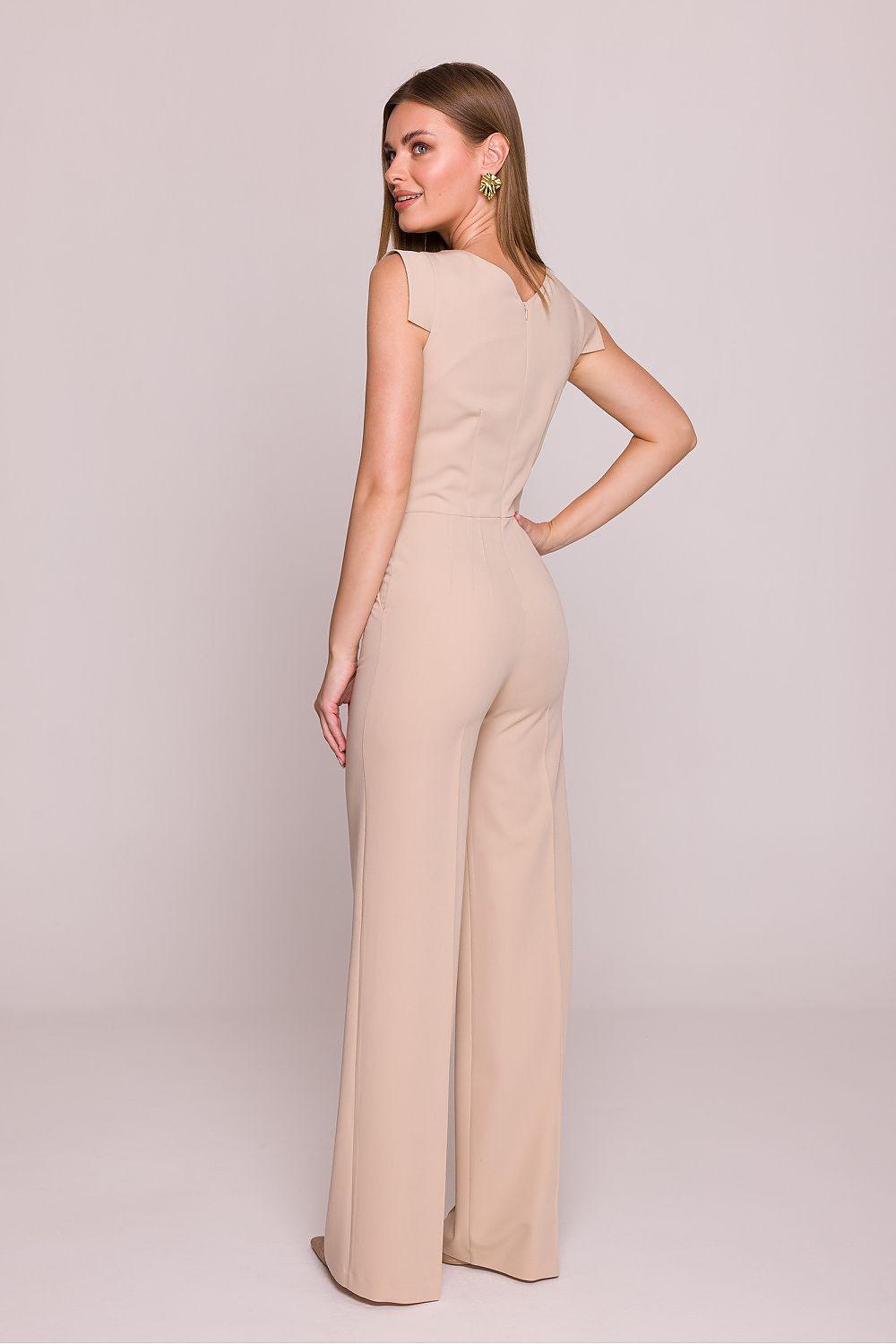 Beige sleeveless wide-leg jumpsuit with fitted waist