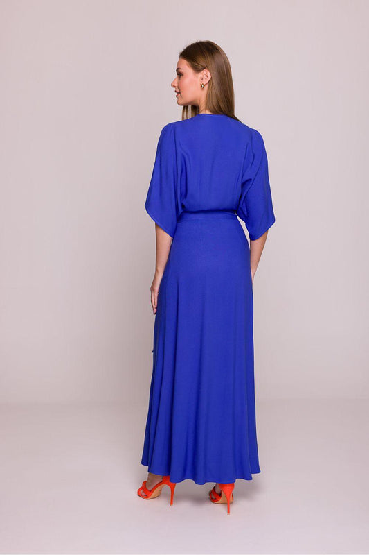 Blue satin-viscose daydress back view with belted waist and flared midi skirt