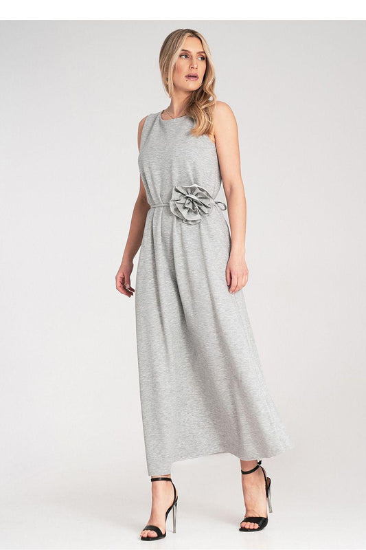 Grey sleeveless daydress with round neck, gathered tie waist, and rosette detail