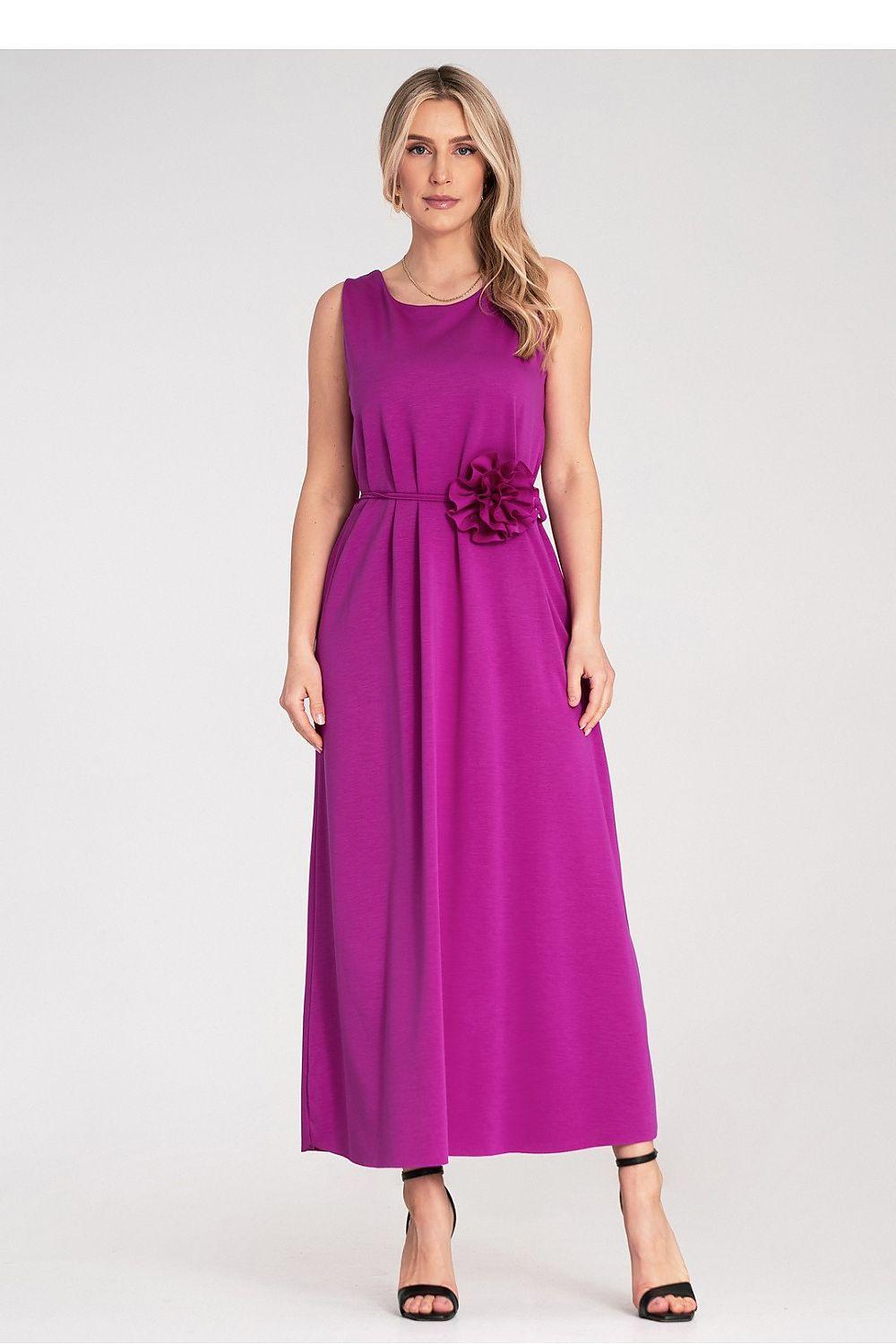 Sleeveless purple day dress with round neck, gathered waist, flower detail at chest