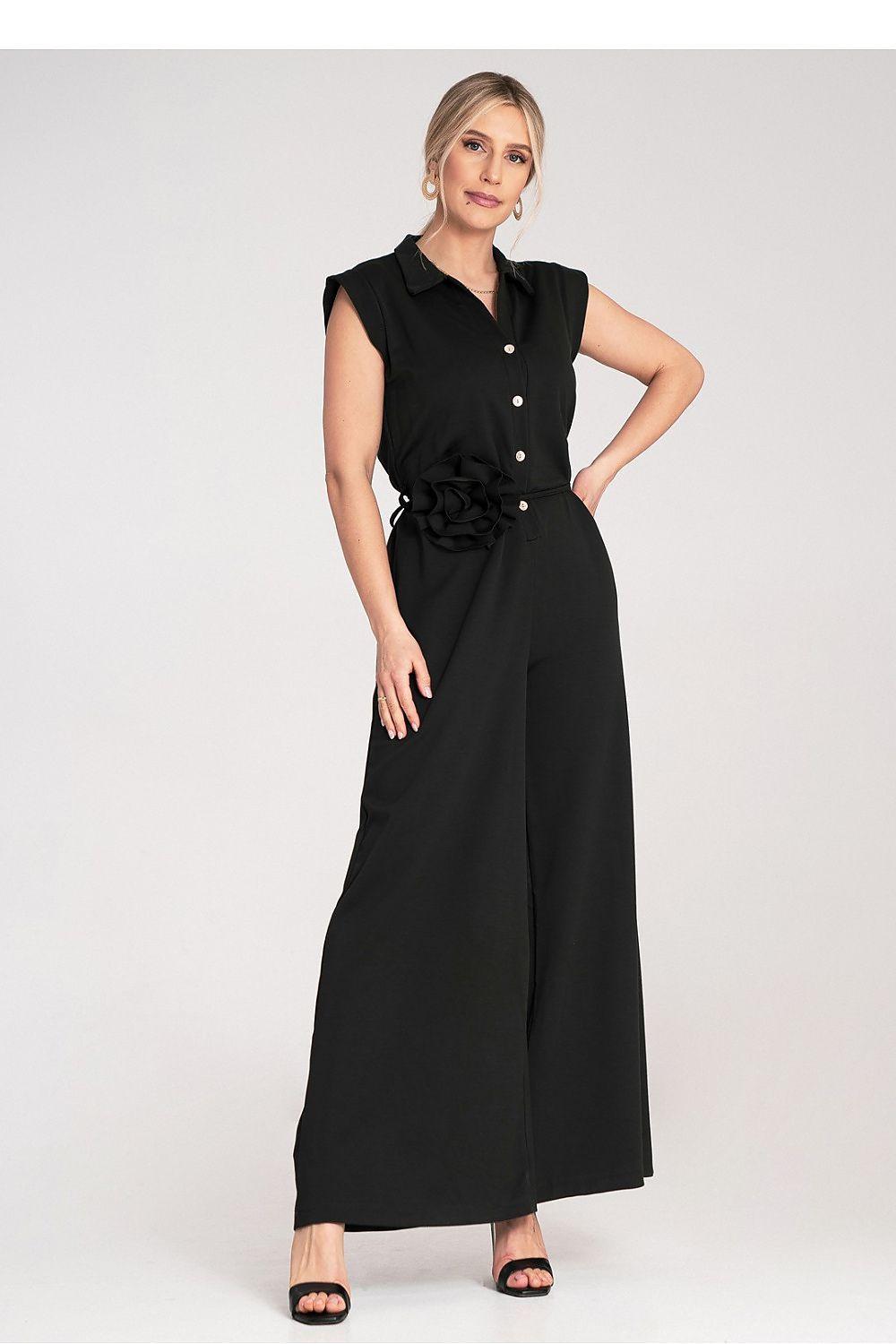 Black wide-leg jumpsuit with sleeveless button front and rosette flower belt