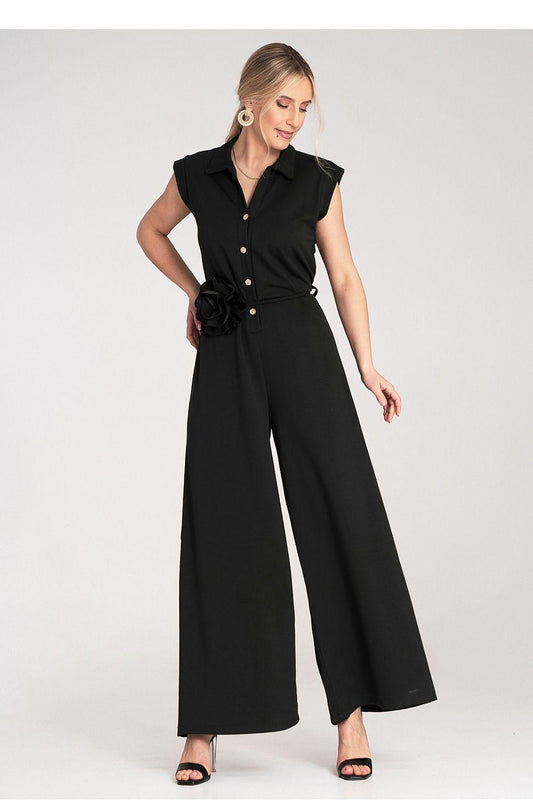 Black button-front sleeveless jumpsuit with wide legs and ruffle-tied waist