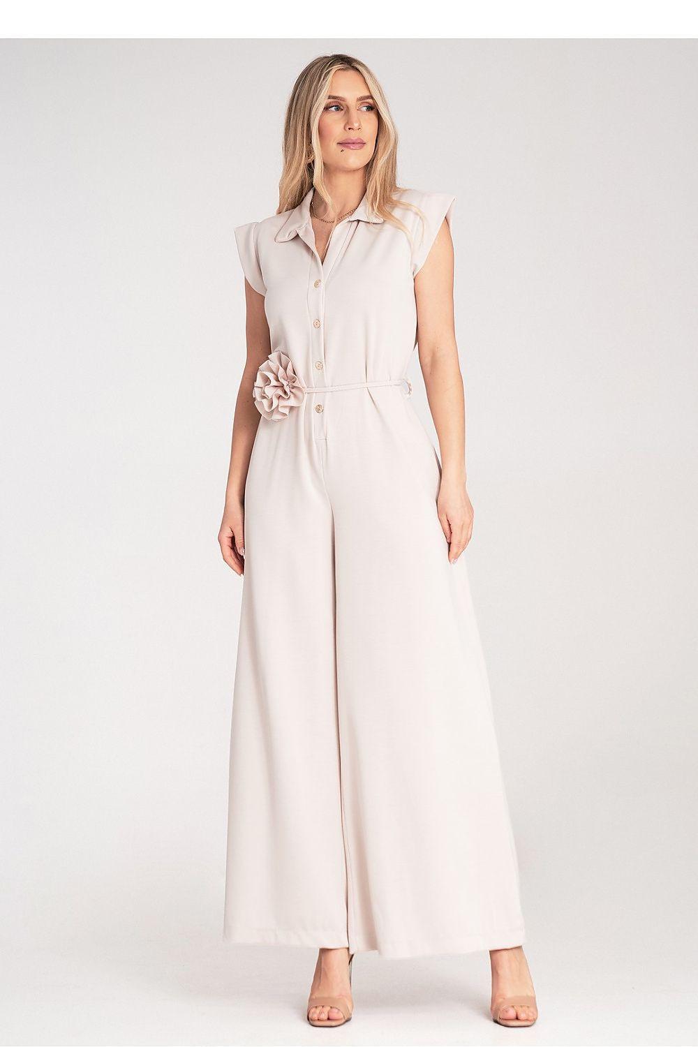 Sleeveless long jumpsuit, light beige with button front and waist belt
