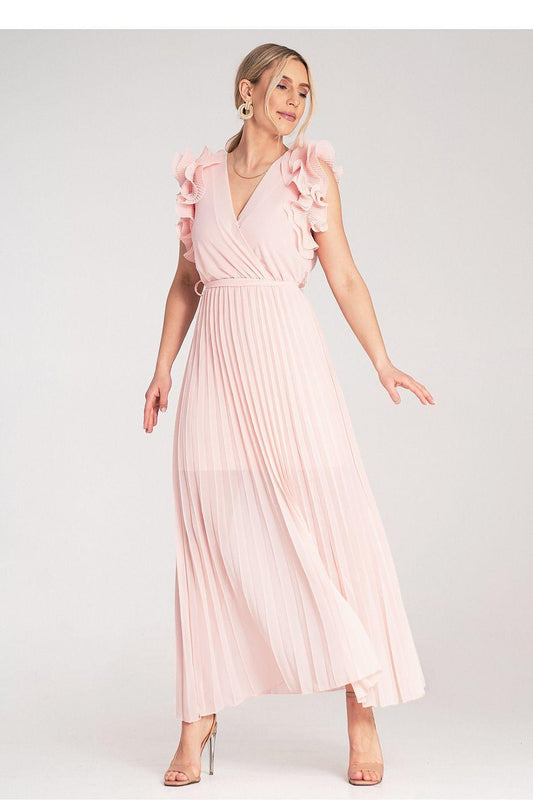 Pink cocktail dress by Figl with V-neck, ruffled sleeves, and pleated midi length