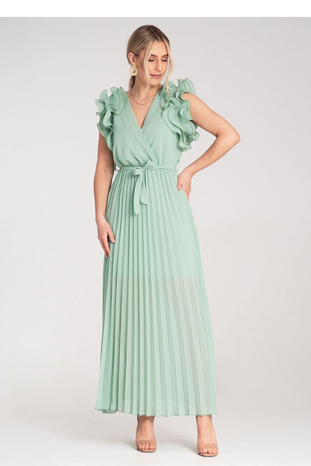 Figl cocktail dress in mint green, V-neck with tie waist and ruffled sleeves