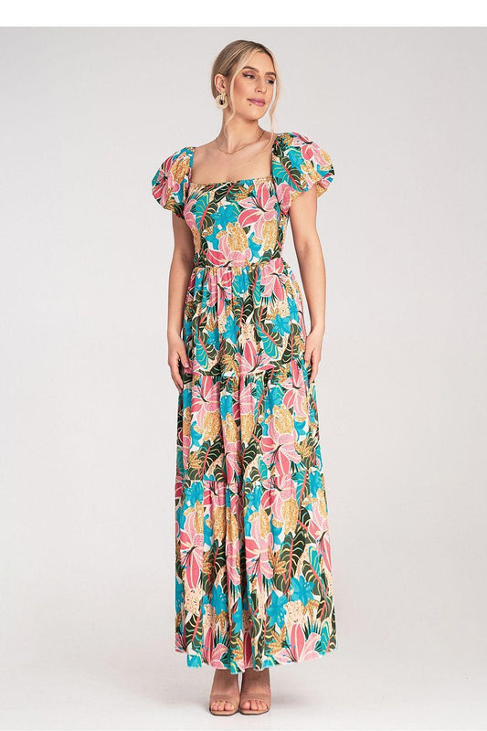 Floral maxi daydress with square neckline and gathered puff sleeves, colorful tiered skirt