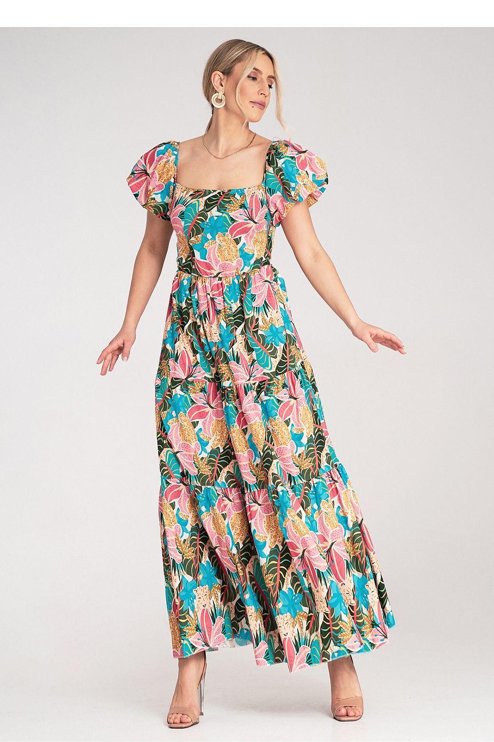 Floral day dress with puff sleeves and square neckline, tiered maxi skirt, multicolor