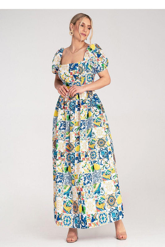 Maxi day dress with square neckline and puff sleeves, colorful tile print with gathered waist