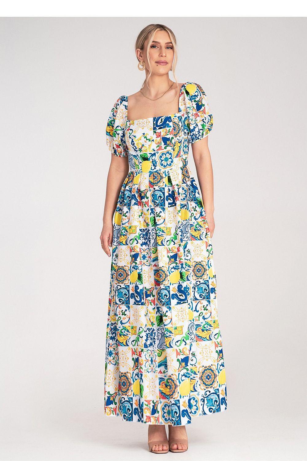 Printed maxi daydress with square neckline, puff sleeves, and tiered skirt
