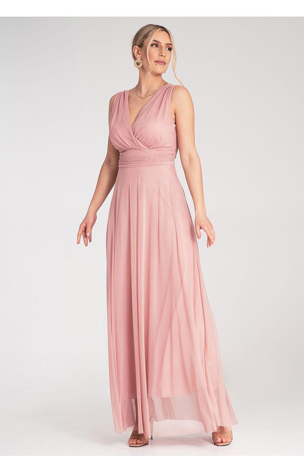 Pink cocktail dress with V-neck, sleeveless, gathered waist, long flowing skirt