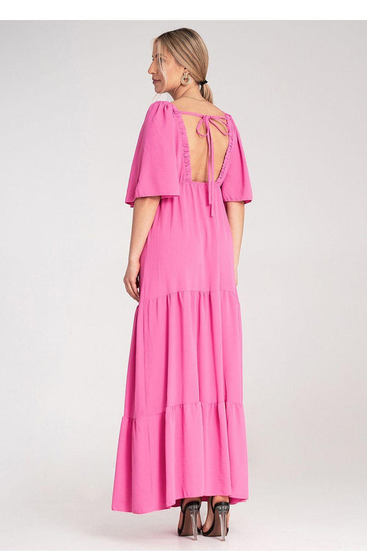 Violet maxi daydress with open back, crisscross straps, tiered skirt, puff sleeves