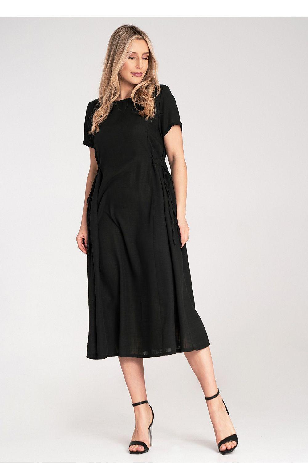 Black midi day dress with short sleeves and gathered waist tie details