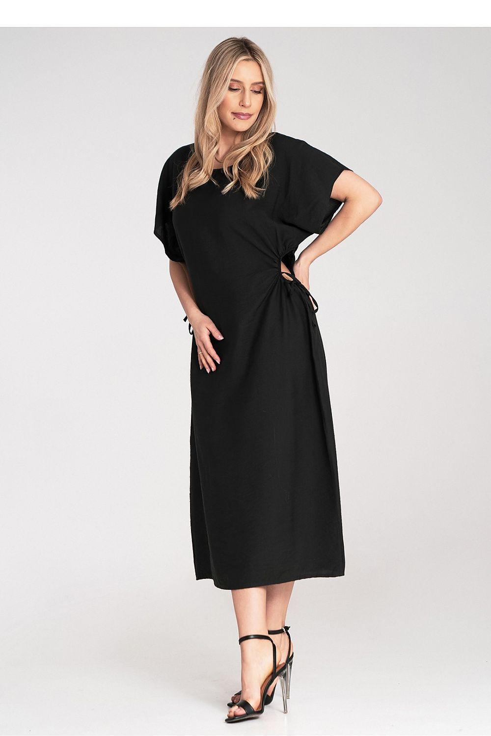 Figl black daydress, front view, wrap V-neck, short sleeves, gathered waist