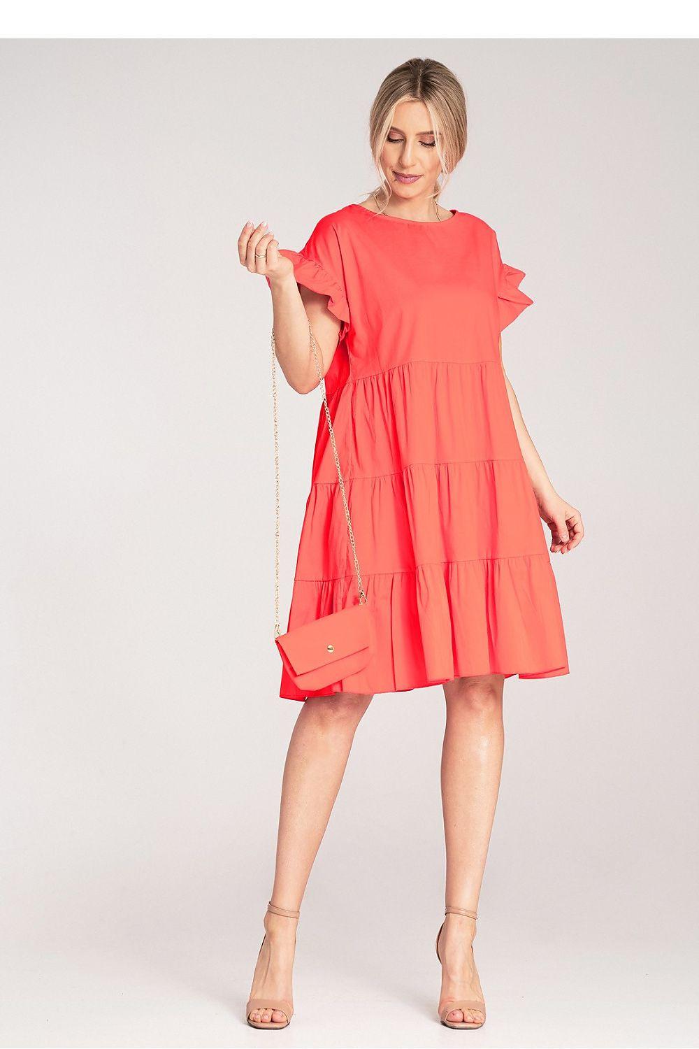 Red tiered daydress with ruffle sleeves and patch pocket detail
