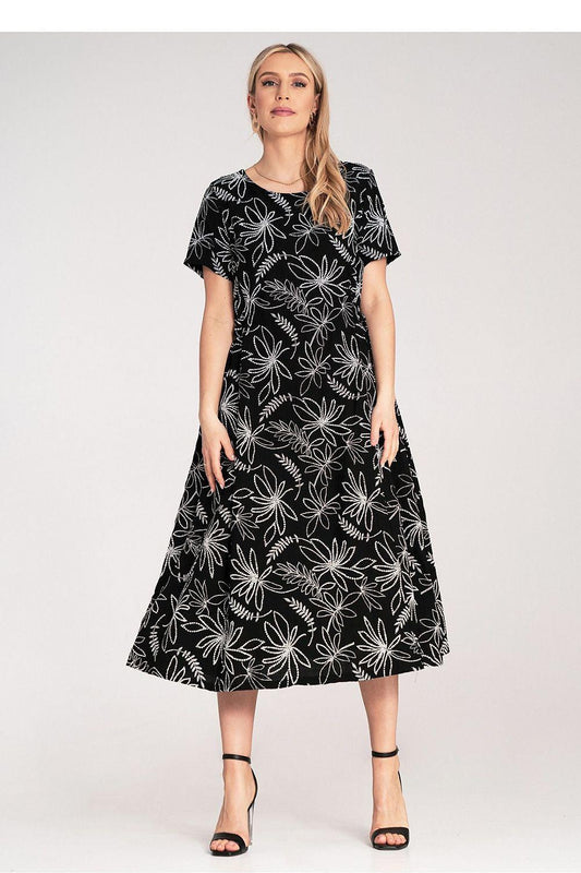 Black midi daydress with white floral print, short sleeves, flared A-line skirt
