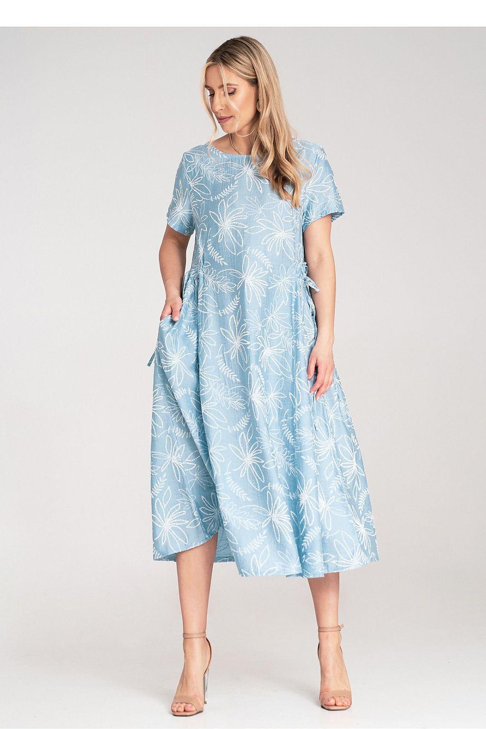 Light blue day dress with short sleeves and white leaf print, front view