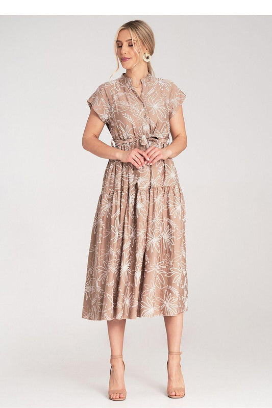 Midi daydress with embossed floral print, belted waist, short sleeves, front view