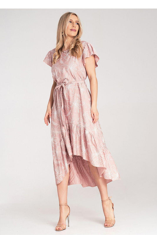 Pink midi daydress with short sleeves, tied waist, and layered asymmetric skirt hem