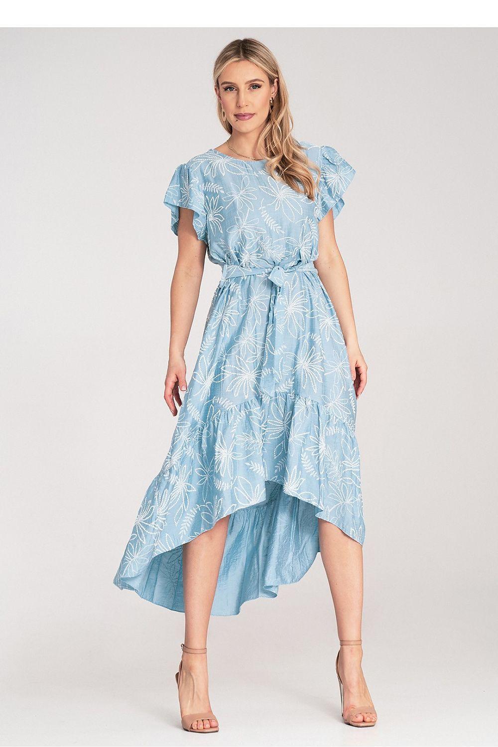 Figl daydress in blue with short ruffled sleeves, waist tie, asymmetrical tiered skirt