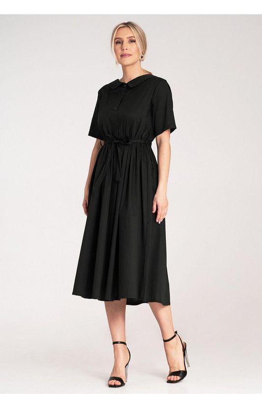 Black midi A-line day dress with short sleeves, button front, and gathered tied waist