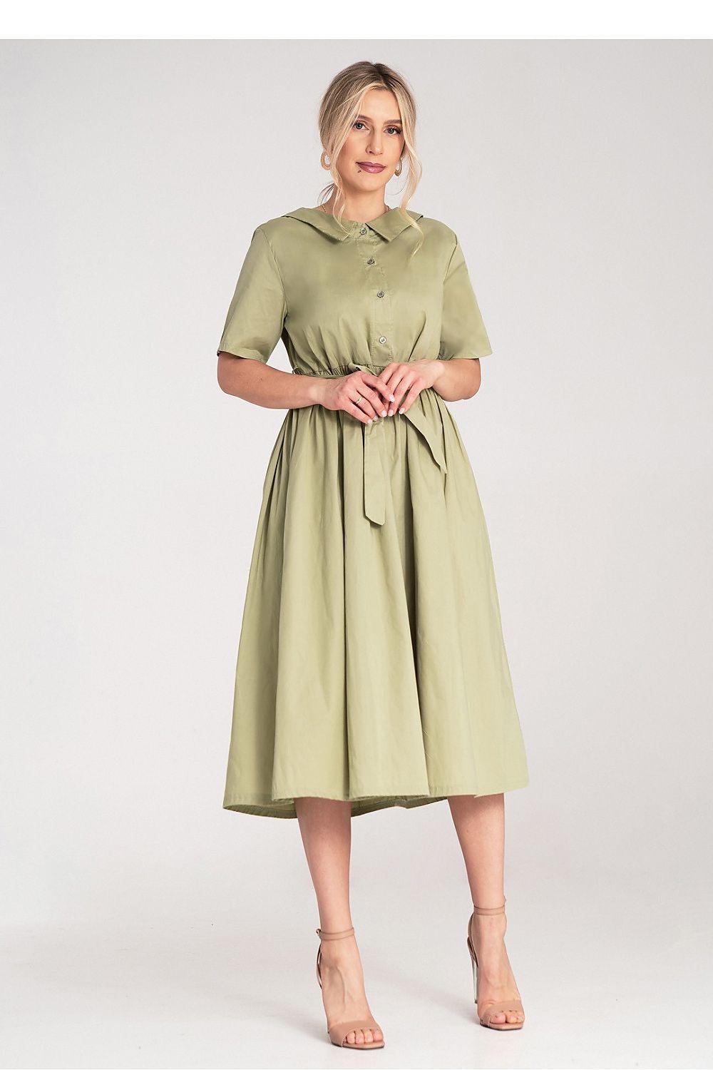Figl daydress olive green, short sleeves, pleated skirt, gathered waist